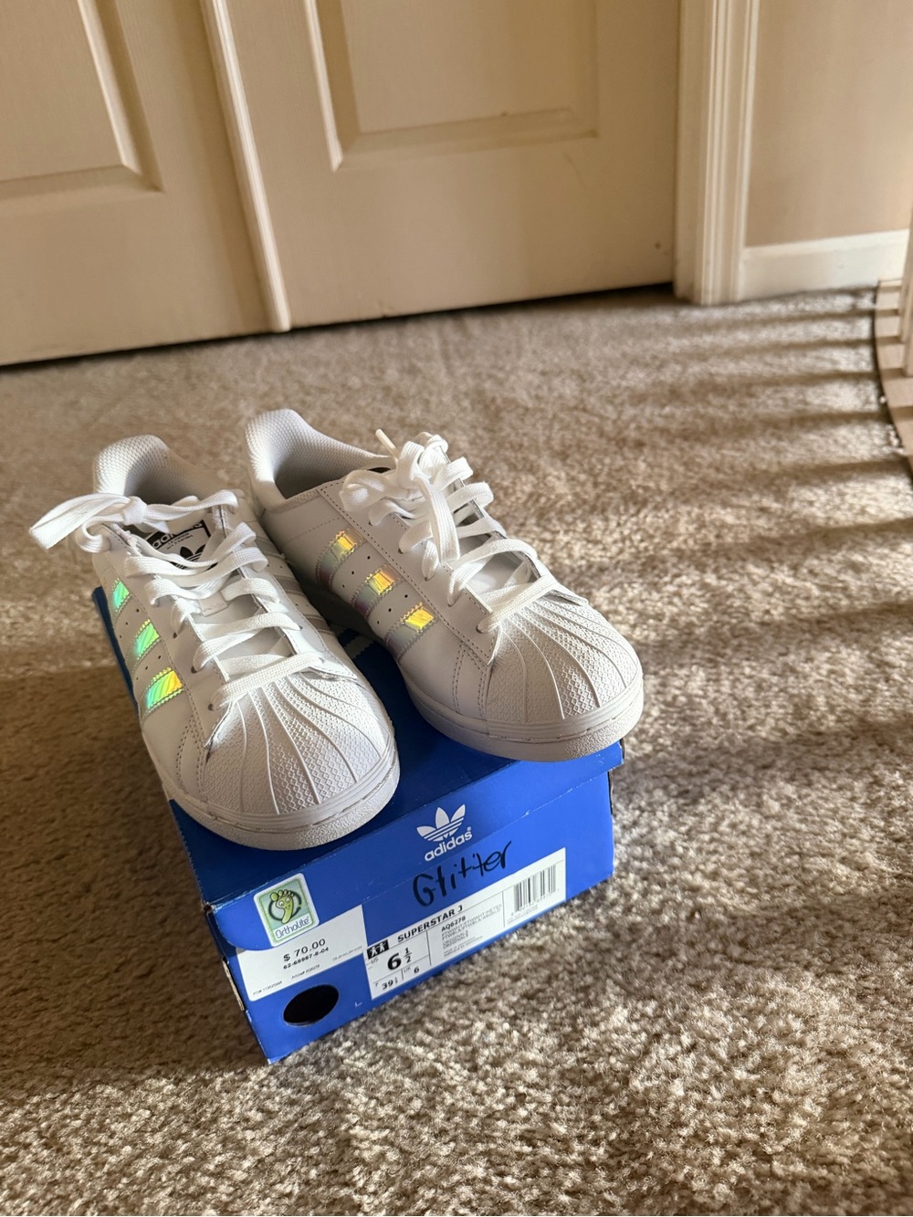 Adidas Superstar Sneakers in White with Holographic Stripes - with Box